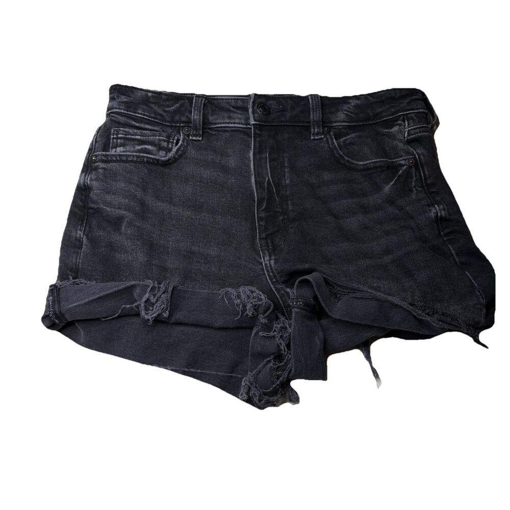 American Eagle Mom Shorts Denim Distressed Black Jean High Rise Stretch Size 4